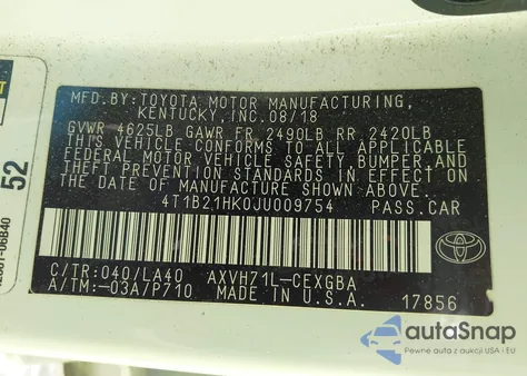 2018 Toyota Camry Hybrid Xle z USA, uszkodzony, nr VIN 4T1B21HK0JU009754